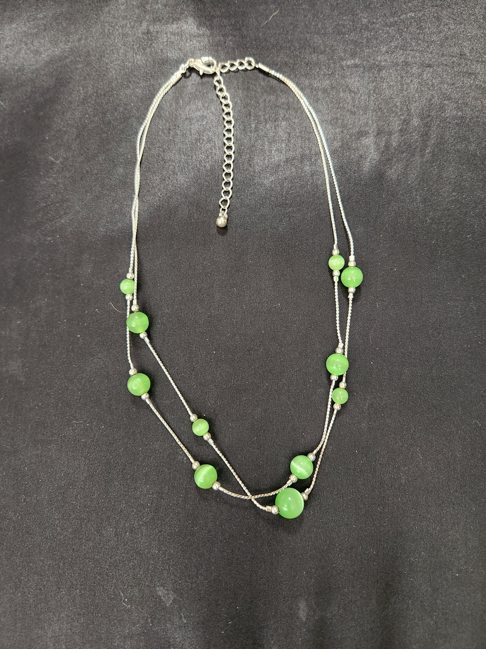 Silver Tone Multi-Strand Necklace with Green Beads